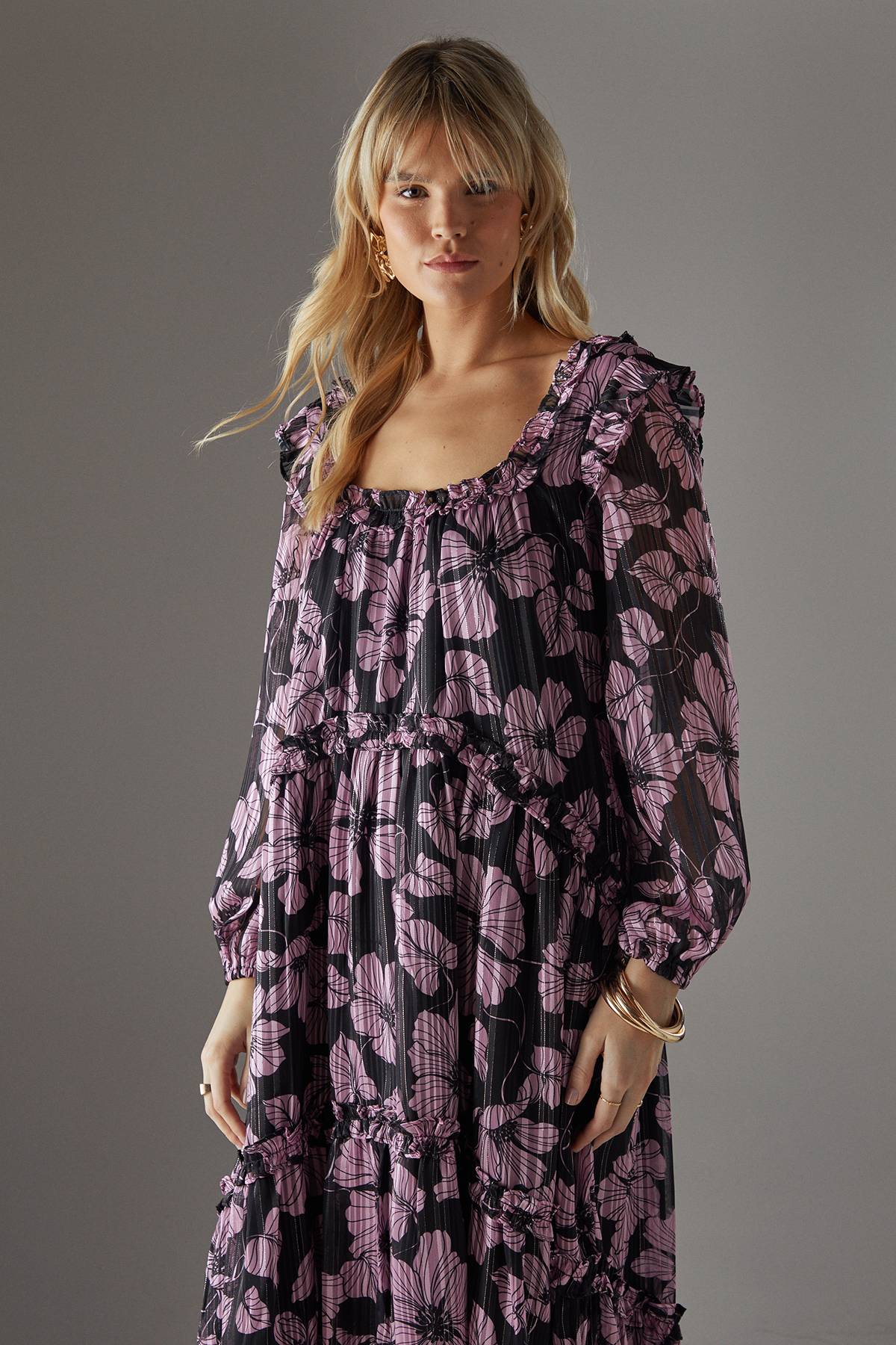 Warehouse Robe Midi Smock à Col Carré Volantée Motif Rayures Ombrées