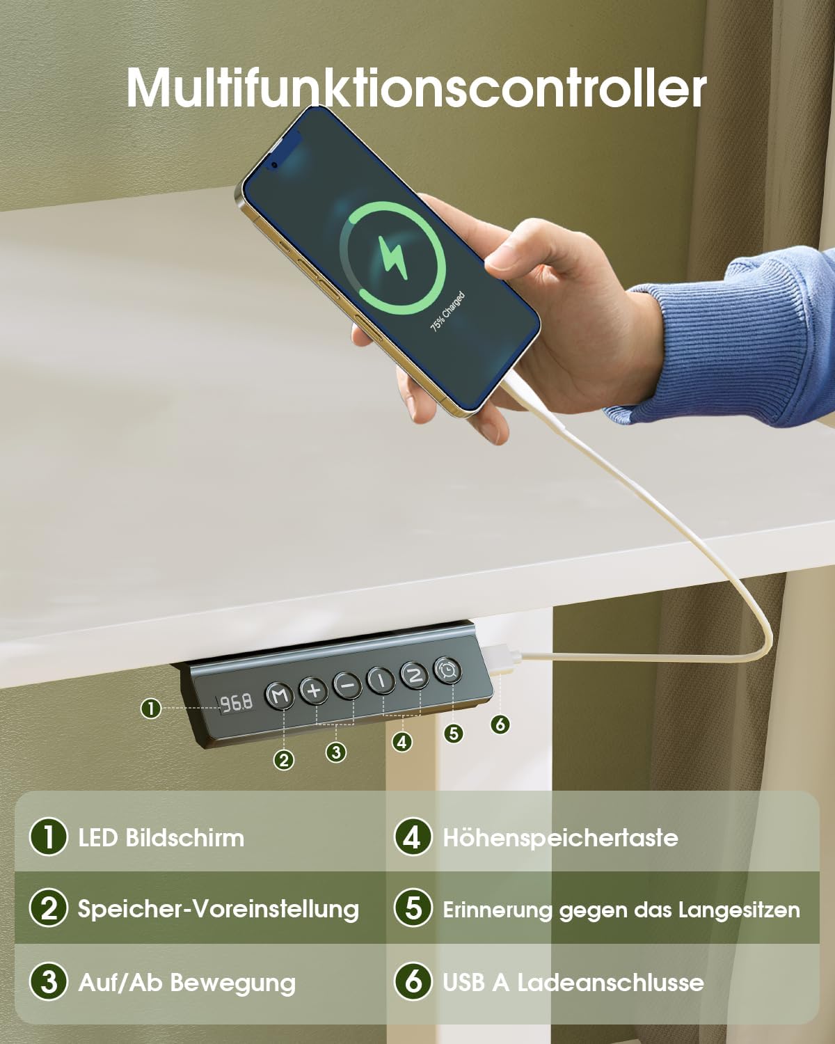 Flamaker Höhenverstellbarer Schreibtisch Ganze Tischplatte 140 x 60 cm, Schreibtisch Höhenverstellbar Elektrisch mit Memory Steuerung, Gaming Tisch mit Sitzende Erinnerung und USB-Aufladung (Weiß)