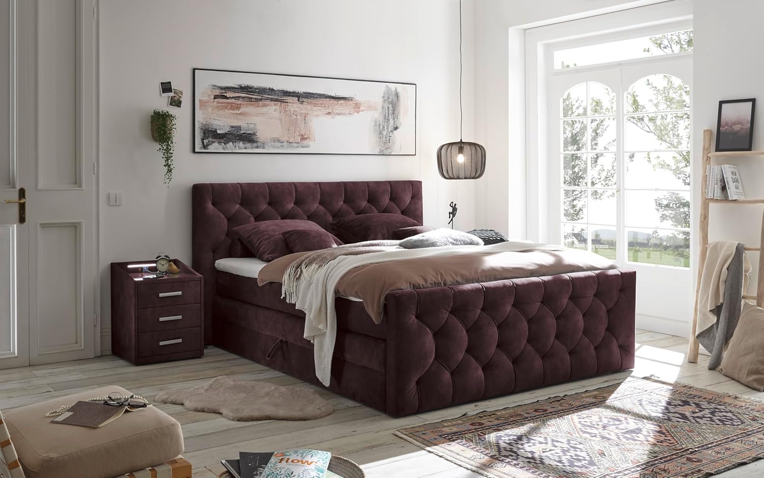 CASHFIELD 8 Boxspringbett mit Bettkasten 180x200, Aubergine - Bequemes Doppelbett mit 7-Zonen-Federkern Matratze & Kaltschaum Topper mit Klimaband - 200 x 113 x 225 cm (B/H/T)