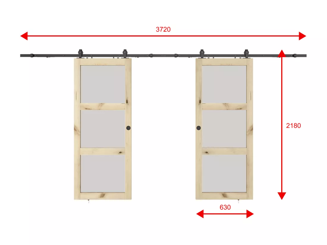Porte coulissante double avec système en applique en bois et verre trempé dépoli - 3 fenêtres - 2 x H205 x L63 cm - ACOSTA II