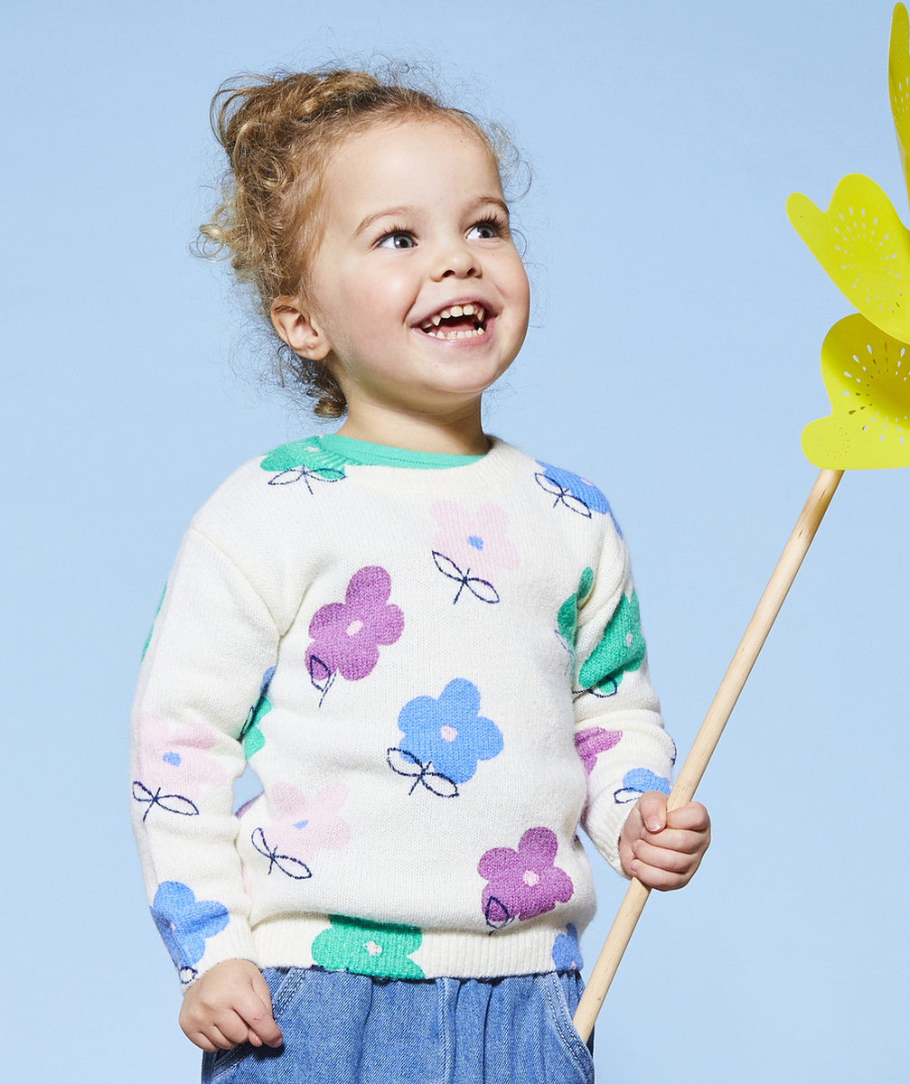 PULL EN TRICOT MANCHES LONGUES BÉBÉ FILLE ÉCRU AVEC IMPRIMÉ FLEURS