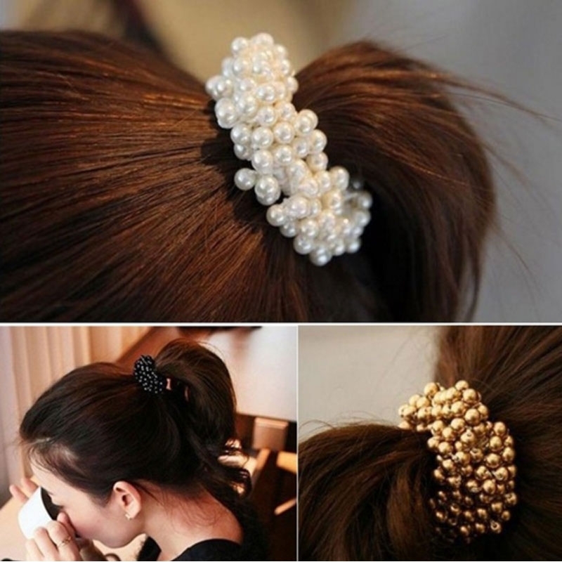 (2er Set) Scrunchies Elastischer Haargummi Haarschmuck Haarband Perlen - Weiss