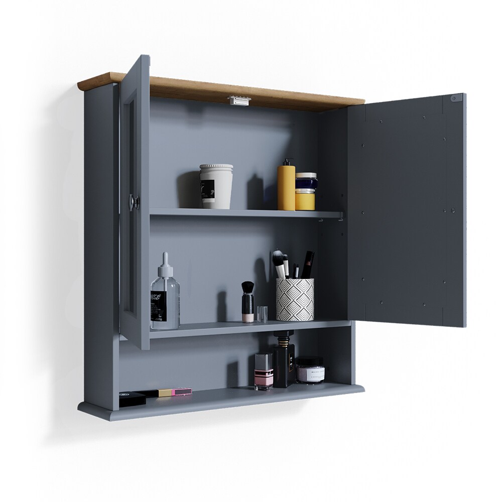 Vicco Wandspiegel Bianco Grau Badspiegel mit Ablage 2 Türen 58x56cm Hängespiegel Spiegel für Badezimmer im Landhausstil