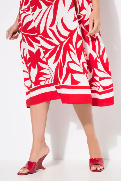 Midikleid, Blätter, geraffter Rundhals, ärmellos, neon rot