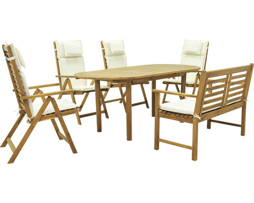Garden Place Alina 6-delige tuinmeubelset bestaande uit: 4 stoelen, bank, tafel, geolied acaciahout, opvouwbaar, uitschuifbare tafel