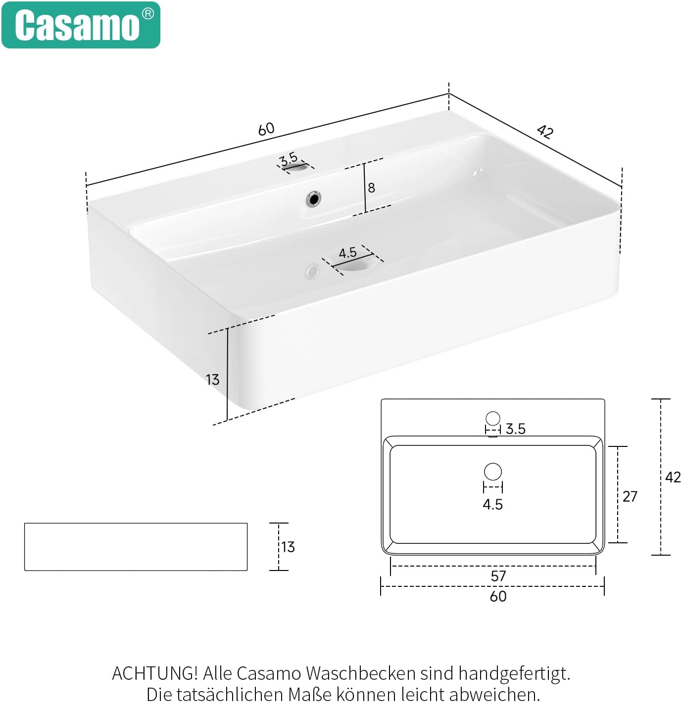 Waschbecken 60 cm breit, Hängewaschbecken im Bogen-Design, Hochglanz Weiß, Kratzfest, leicht zu reinigen - flexibel installierbarer Waschtisch für Bad & Gäste-WC (60 x 42 x 13 cm)
