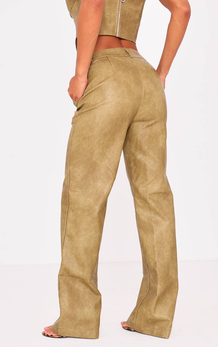 Vert Olive Pantalon Évasé Taille Basse En Synthétique Lavé Premium