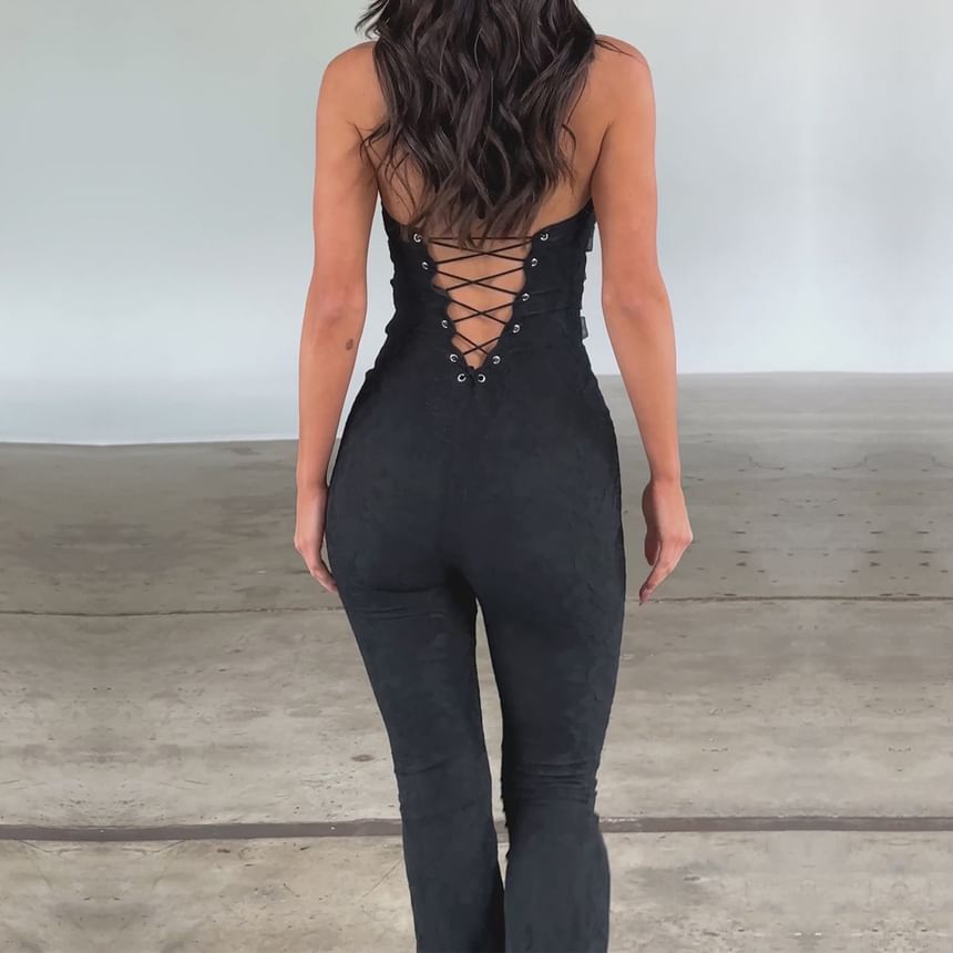 Genrovia - Halter V-hals jumpsuit met effen patroon