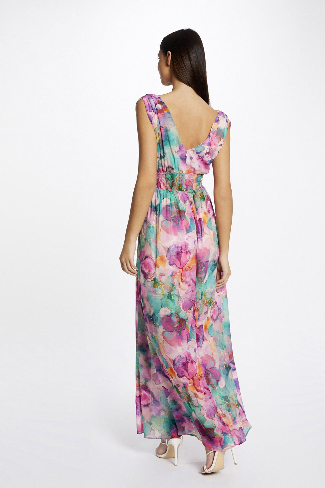Vestido longo justo com estampa floral - Multicolorido