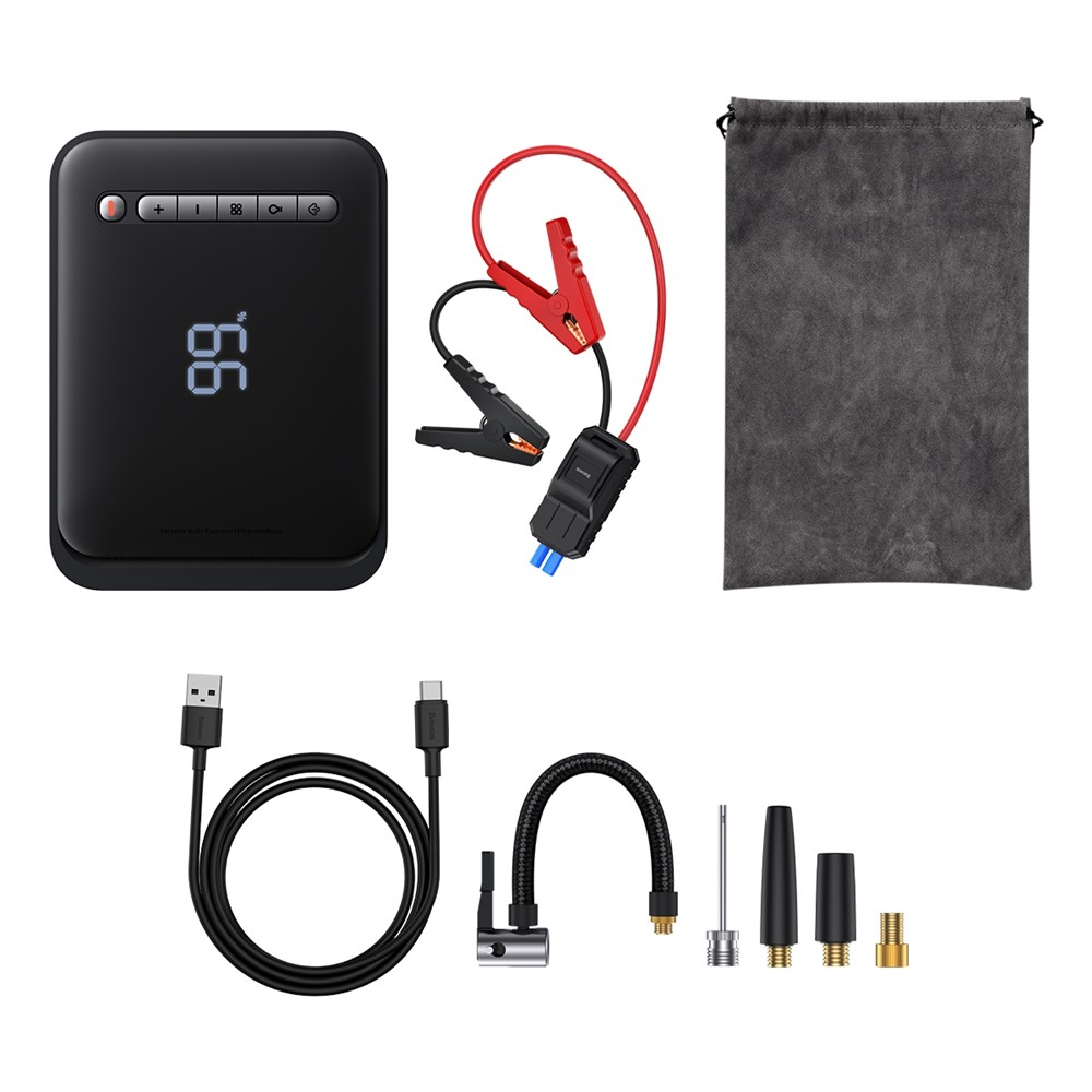 (8000mAh) Powerbank mit Jumpstart Power Starter Funktion Dual USB A / USB C   Auto Starthilfe   Luftpumpe   LED Taschenlampe - Schwarz
