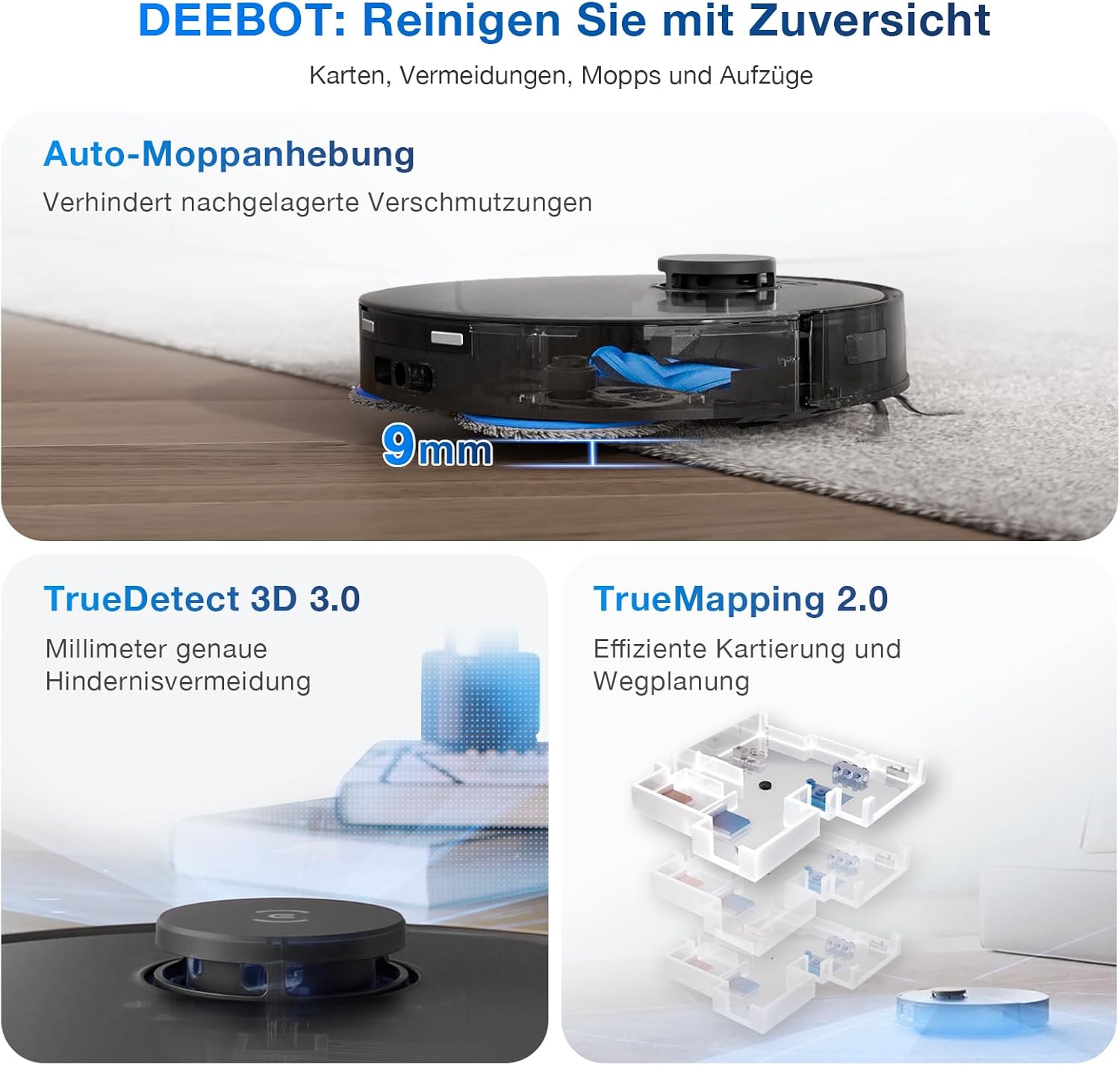 ECOVACS DEEBOT T30 Omni Saugroboter mit Wischfunktion, Mini Station Staubsauger Roboter, 11.000 PA Saugkraft, Adaptive Kantenreinigung mit TruEdge™ Mopping Technolgie, ZeroTangle™ Design