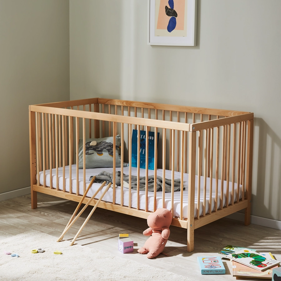 Kids Collective Babybett Gitterbett 60x120 | 70x140 höhenverstellbar & herausnehmbare Sprossen natur mit Matratze