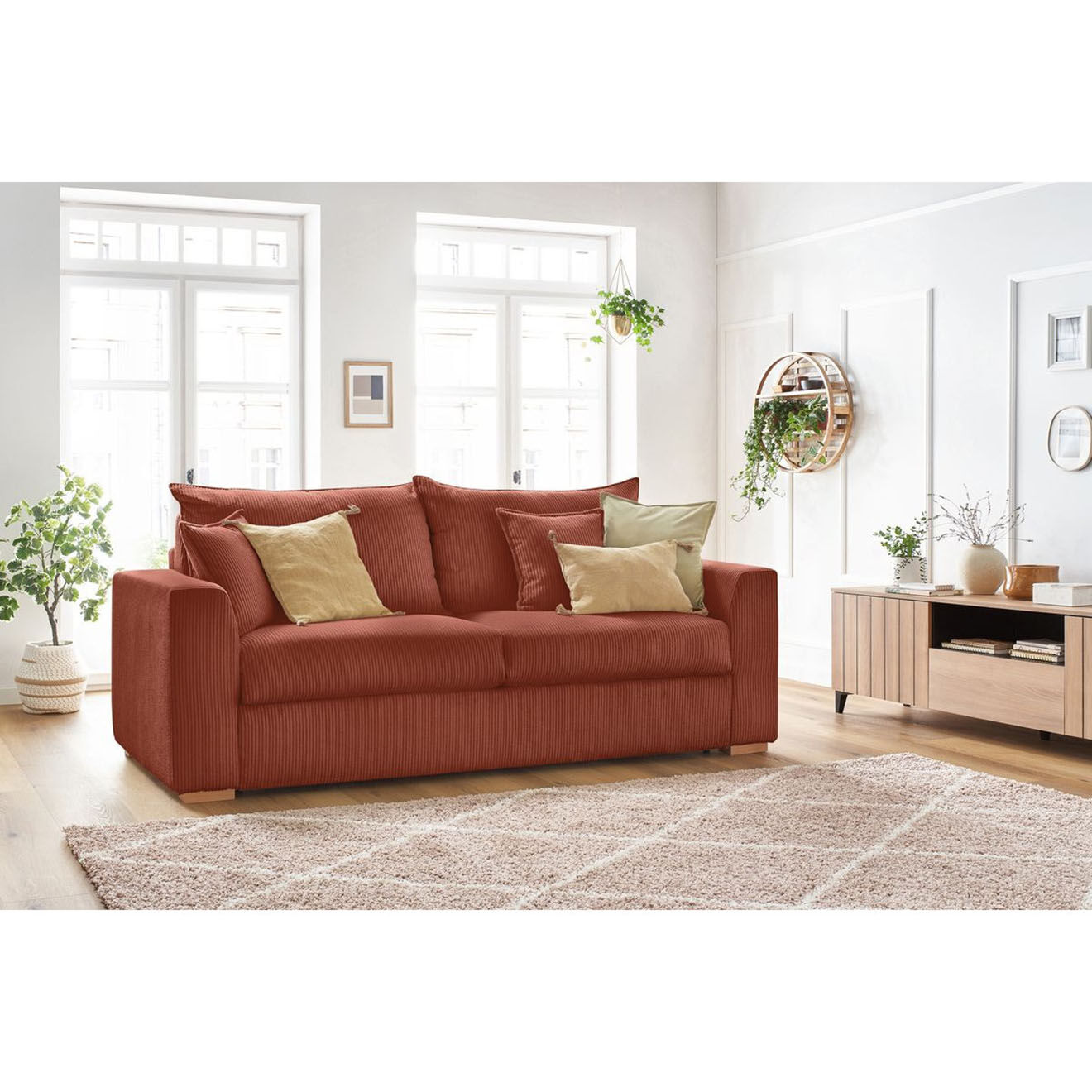 Bobochic Canapé droit convertible express en Velours côtelé 3 places Augustin orange - 205x96x97 cm