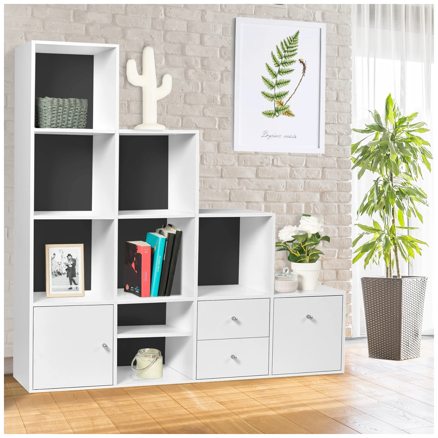 Meuble de rangement en escalier LIAM 4 niveaux bois blanc + porte/tiroirs blancs fond gris