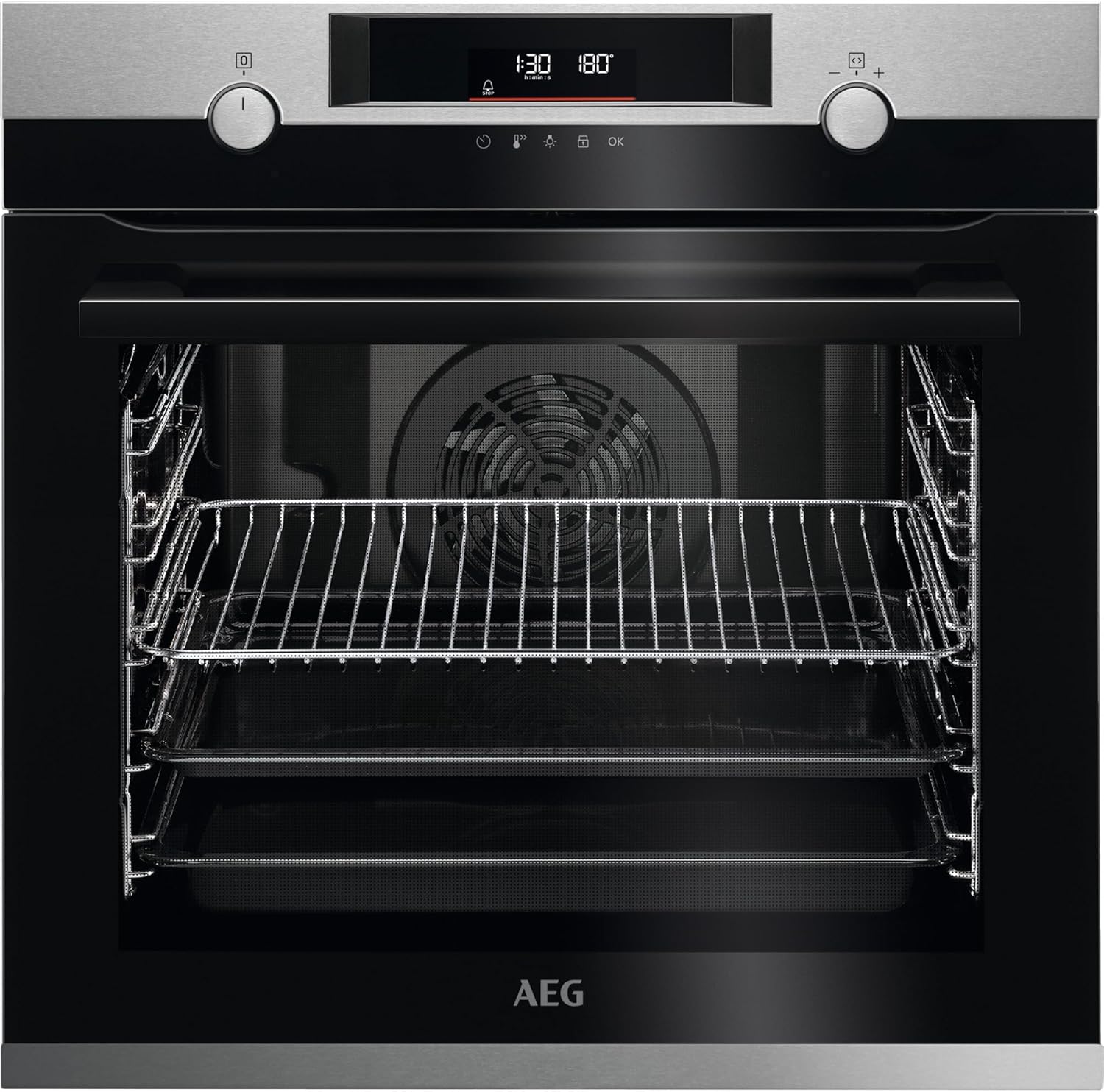 AEG BPE53506BM Einbau-Backofen, Pyrolyse Selbstreinigung, Serie 6000 Ringheißluft: gleichmäßige Garergebnisse auf 3 Ebenen, 25 Automatikprogramme, LED-Touchdisplay, Schnellaufheizung, Edelstahl