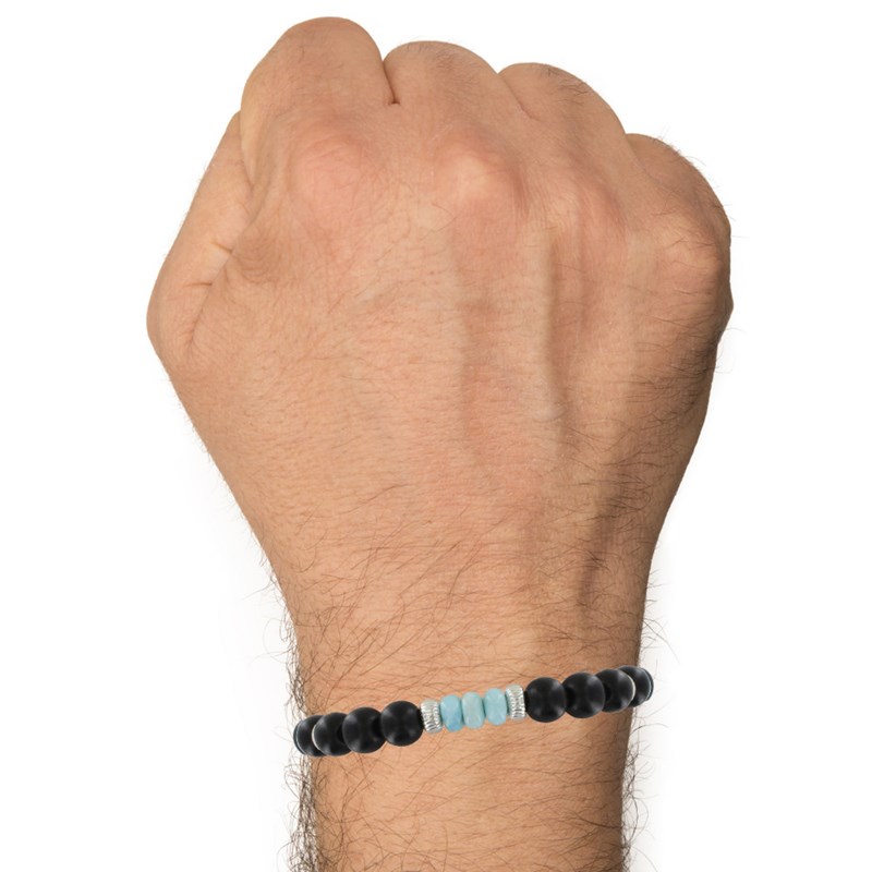 Duo Bracelets Homme et Femme Perles d'Ebènes et Trois Anneaux de Larimar