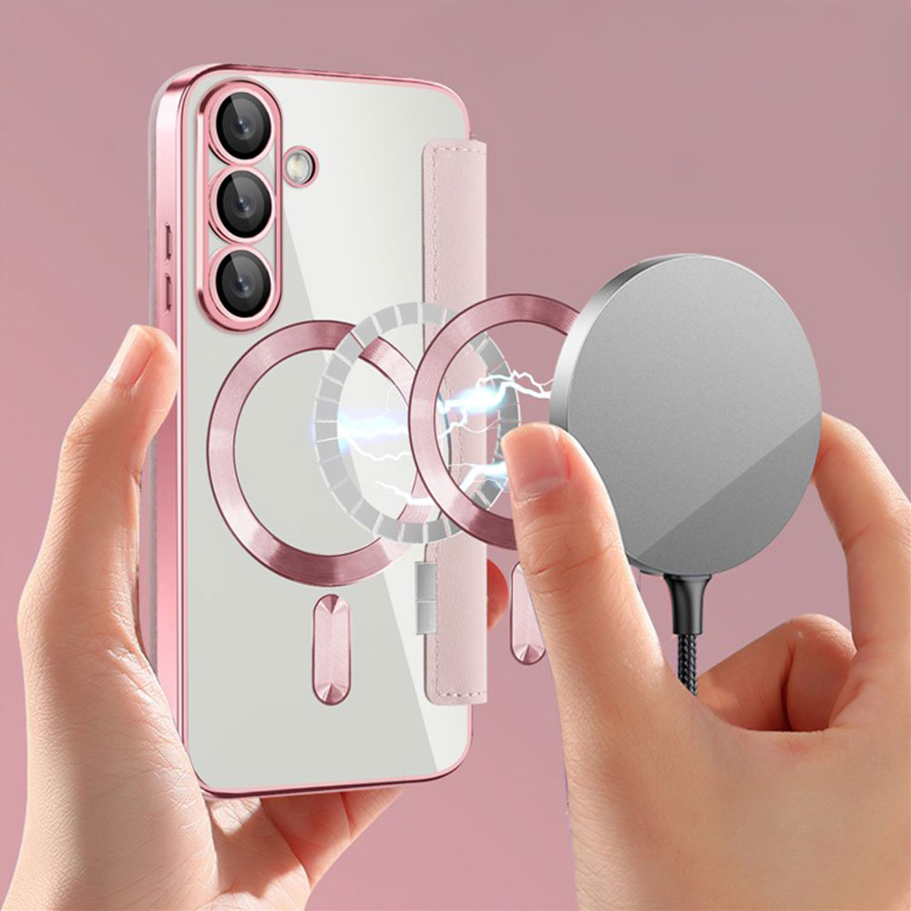 Samsung Galaxy S25  Plus Hybrid Leder Tasche   Kunststoff Rückseite MagSafe-Modul (RFID Schutz) - Rosa / Transparent