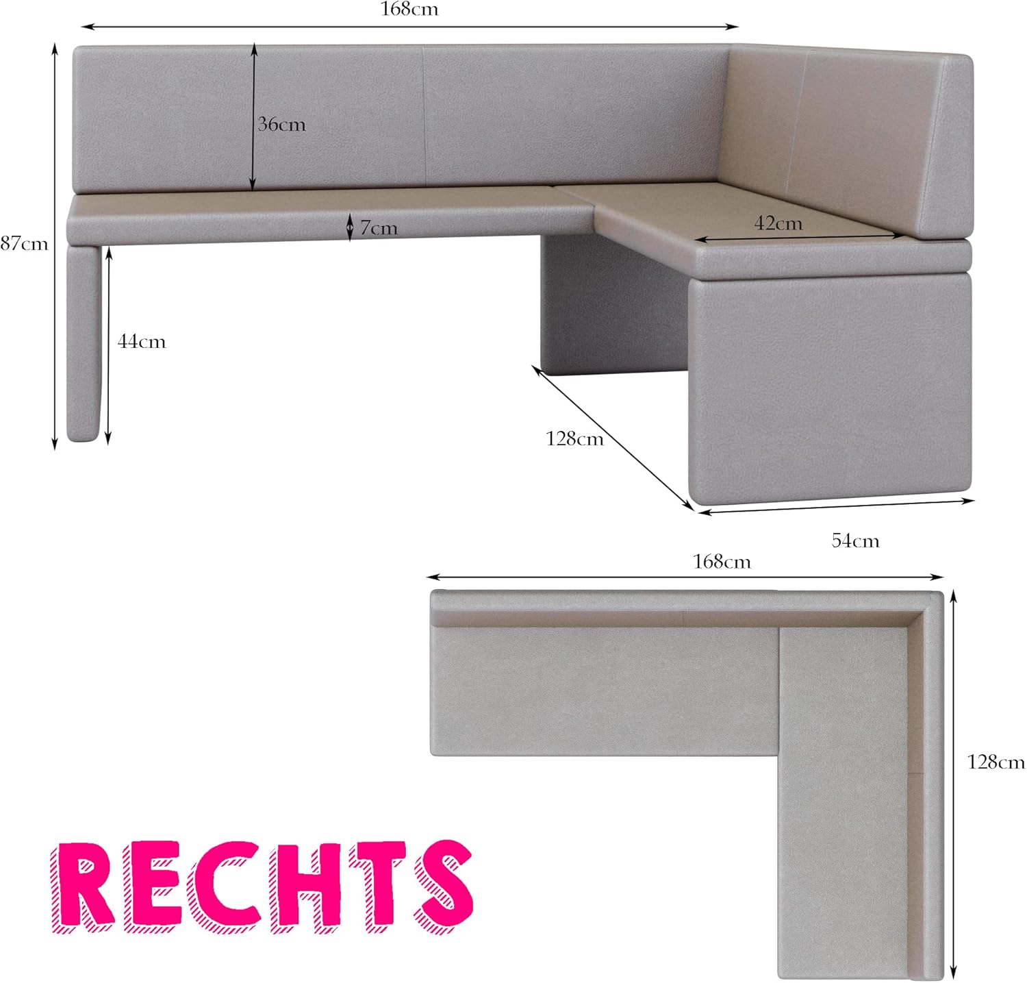 Eckbank Akiko Corner Bench - Eckbankgruppe für Ihrem Esszimmer, Küche modern, Sitzecke, Essecke. Perfekt für Küche, Büro und Rezeption. Solide und Starke Verarbeitung. (Soft 17, 168x128cm rechts)