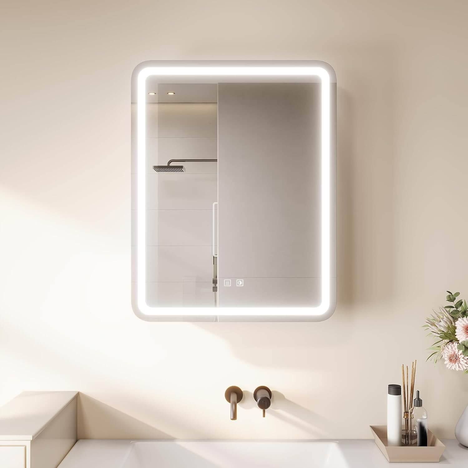 SONNI Spiegelschrank mit Beleuchtung 70x 55 cm LED Spiegelschrank mit Taschentuch-Durchlass