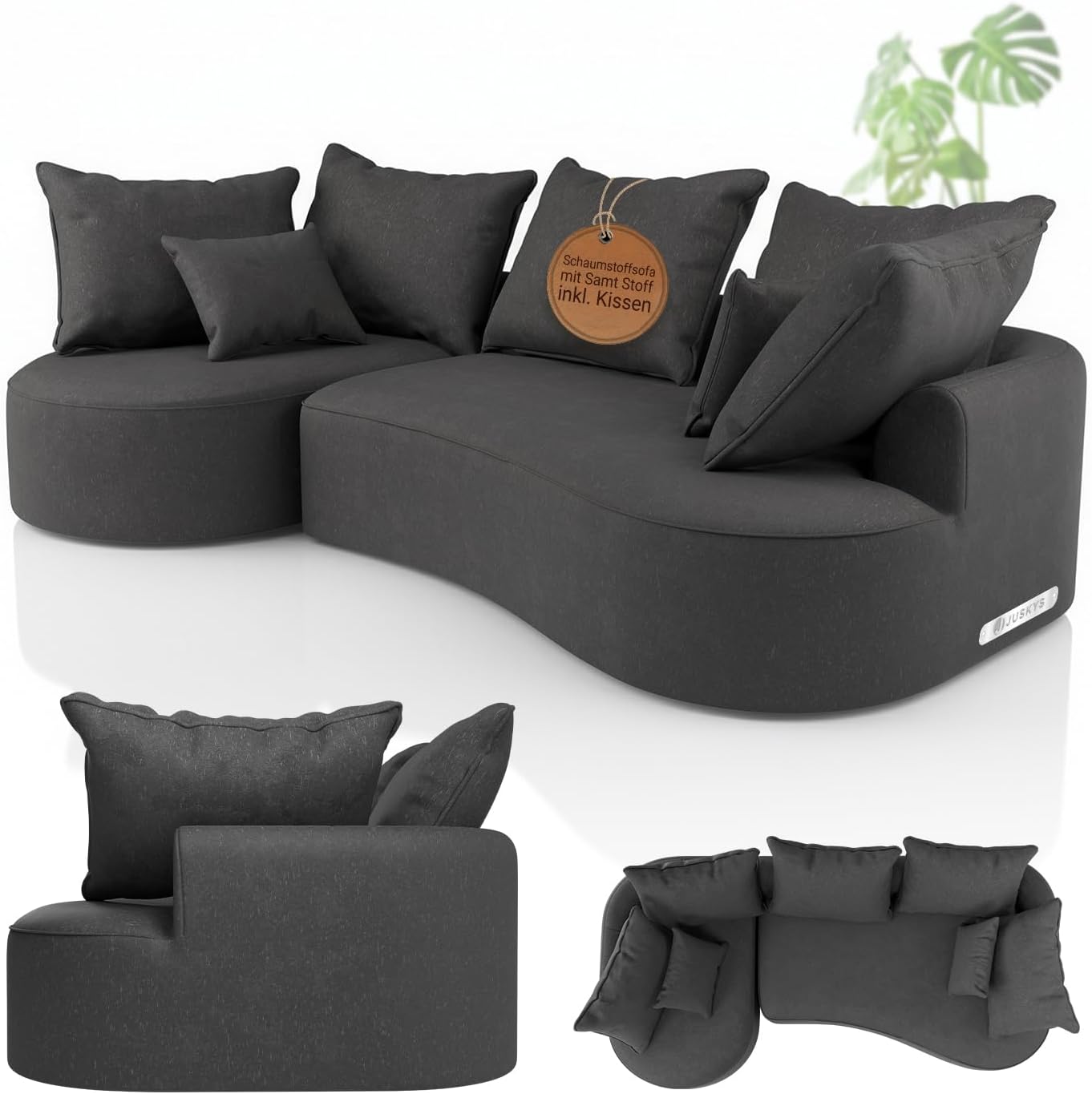 Juskys Sofa Tirano - Samt Grau, Ecksofa mit L-Form, mit Rücken- & Dekokissen, 4-Sitzer Eckcouch, Schaumstoff - Ottomane Links
