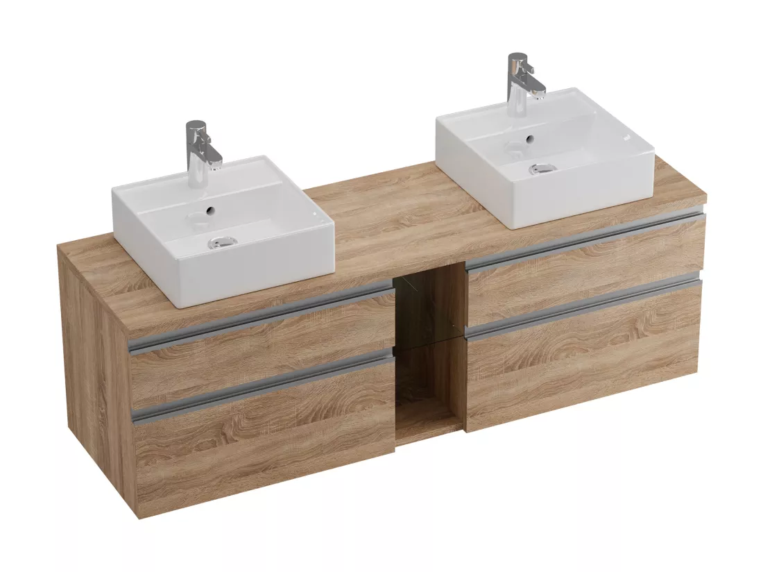 Meuble de salle de bain suspendu avec double vasque et miroirs - Coloris naturel clair - 150 cm - MAGDALENA II