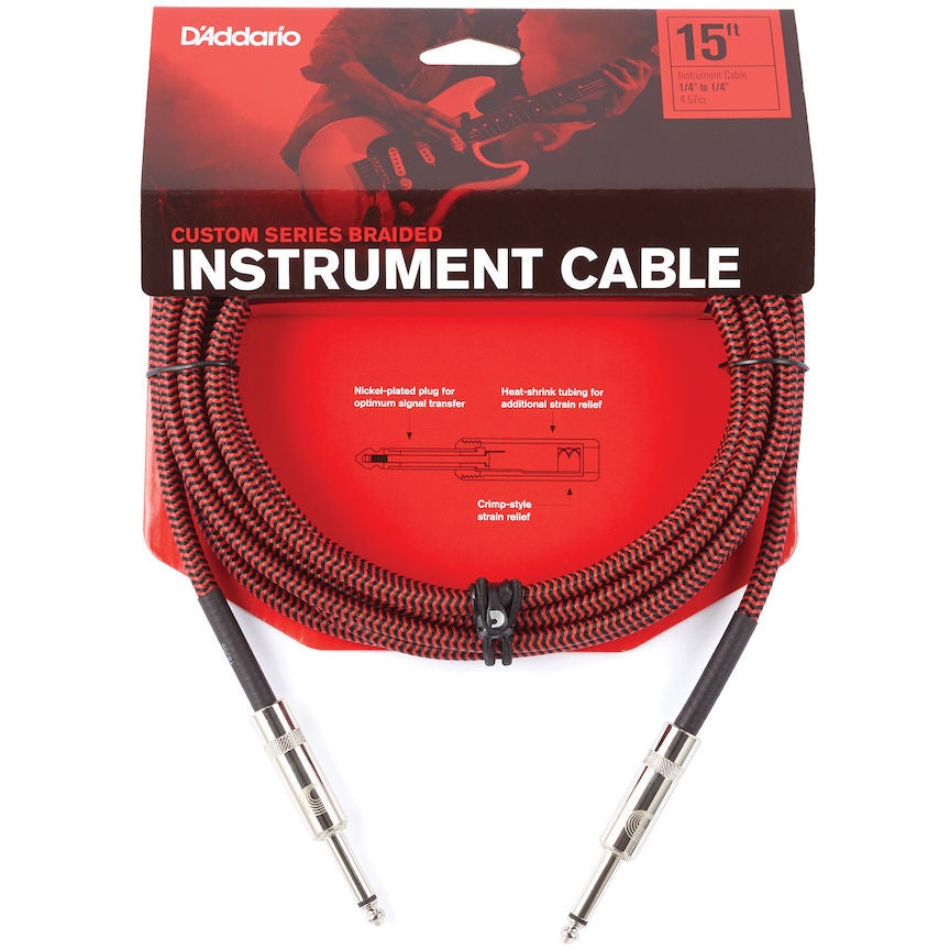 D'Addario PW-BG-15RD Braided instrumentkabel rood 15ft (4.6 m) recht-recht