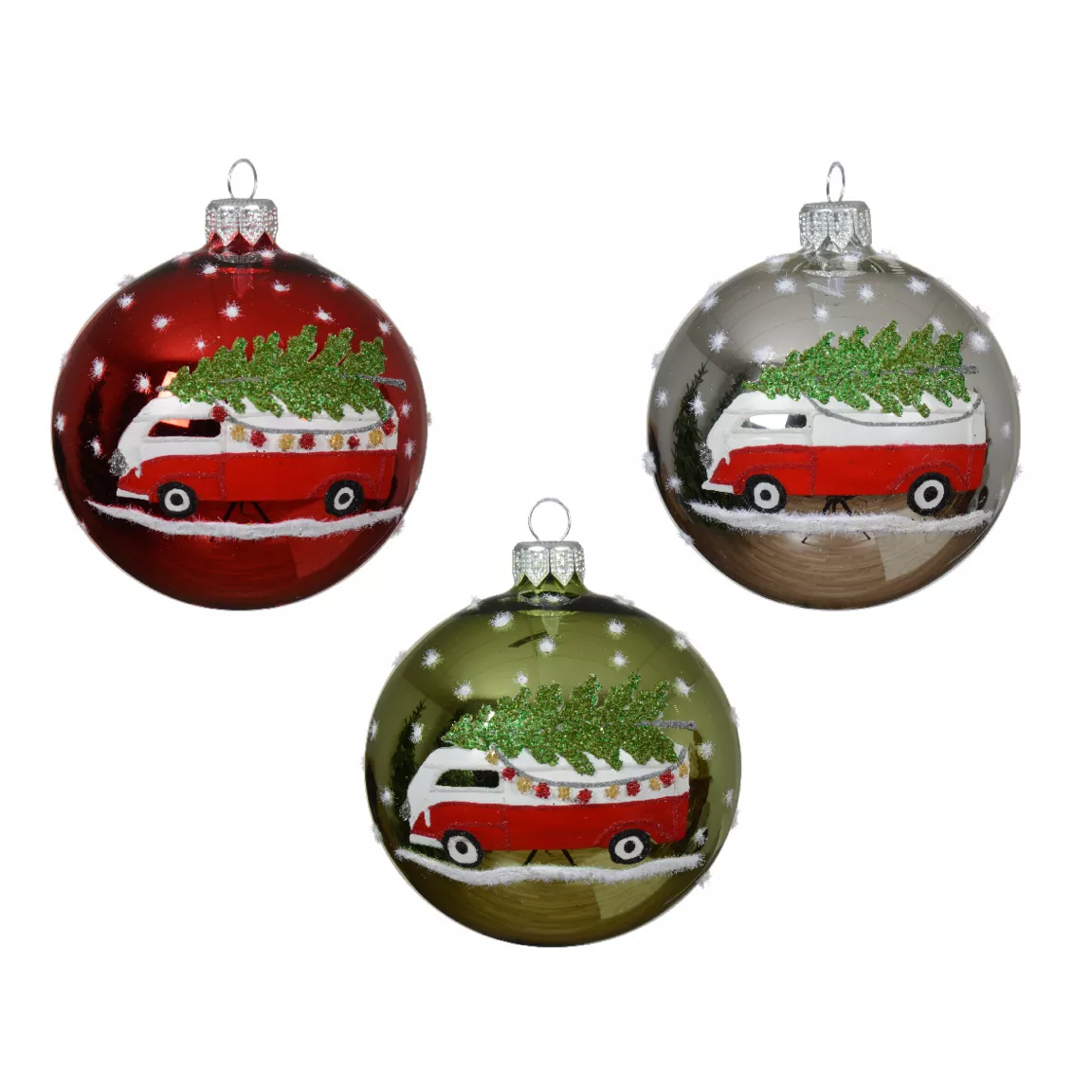 Lot de 6 boules de Noël en verre (D80 mm) Mini bus et Sapins