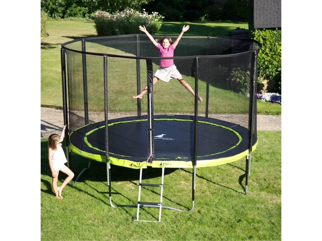 Kangui - Trampoline de jardin rond 430 cm + filet de sécurité + échelle + bâche de protection | PUNCHI Vert 430