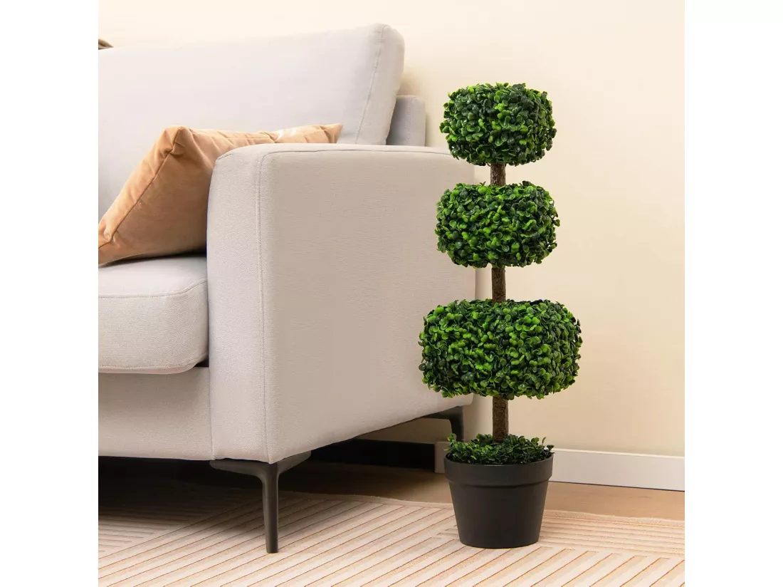Arbre Topiaire en Buis Artificiel 75 cm de Forme Triple Carrée, Fausse Plante de Buis avec Pot en Plastique Rempli de Ciment, pour Décoration de Maison Bureau Jardin et Entrée