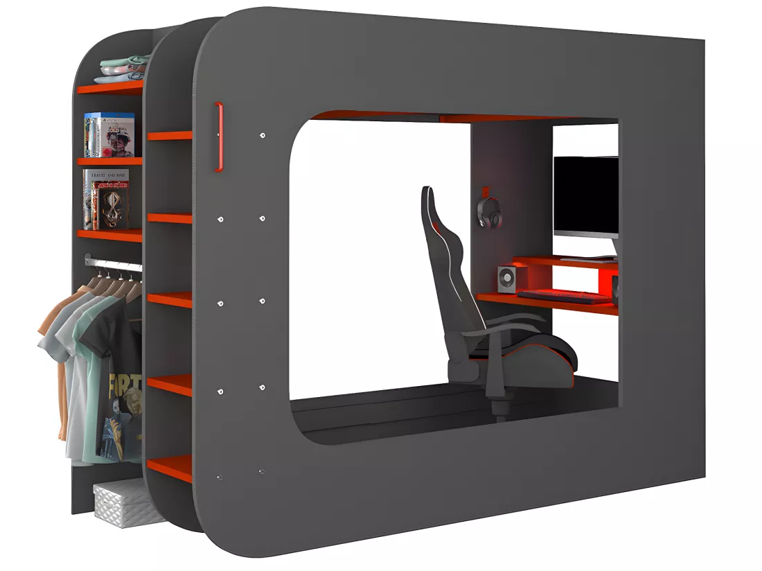 Lit mezzanine gamer 90 x 200 cm - Avec bureau et rangements - Avec LEDs - Anthracite et rouge - WARRIOR