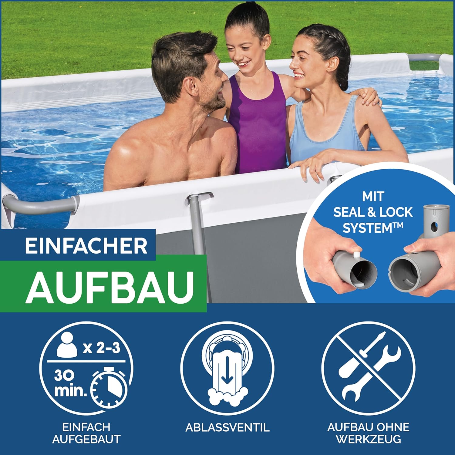 Bestway Power Steel Frame Pool Set mit Filterpumpe 404 x 201 x 100 cm, grau, eckig