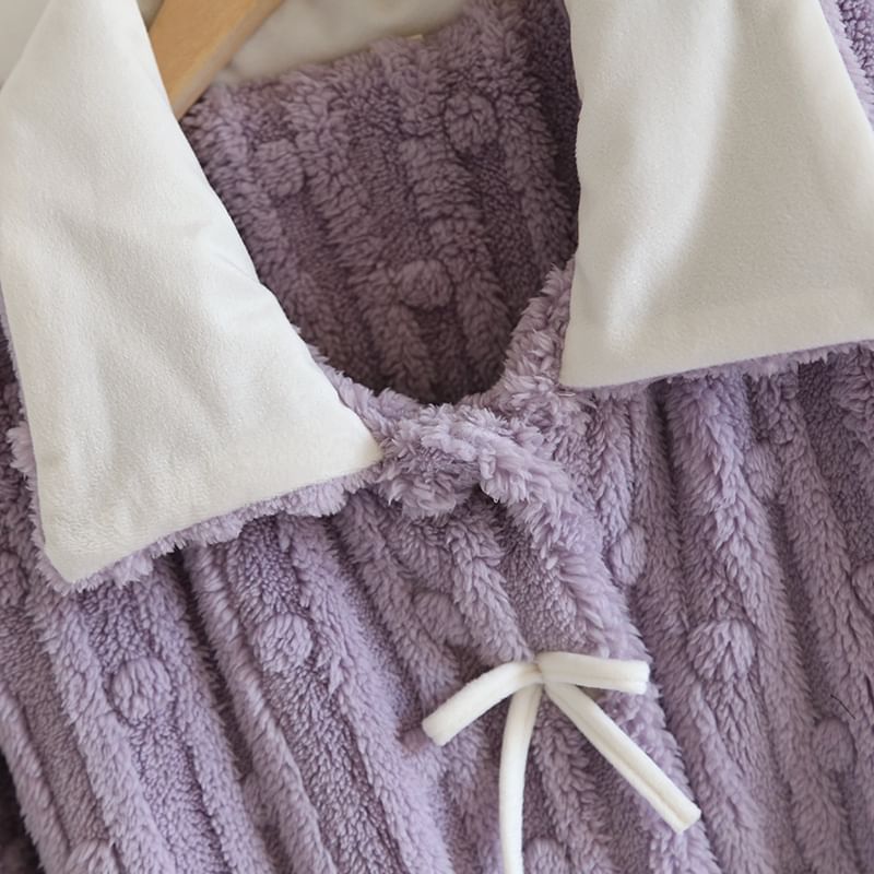 MelMount - Pyjamaset: Lange mouwen, kraag, tweekleurige strik, koraalkleurige fleece top met knopen + elastische tailleband en rechte pijpen