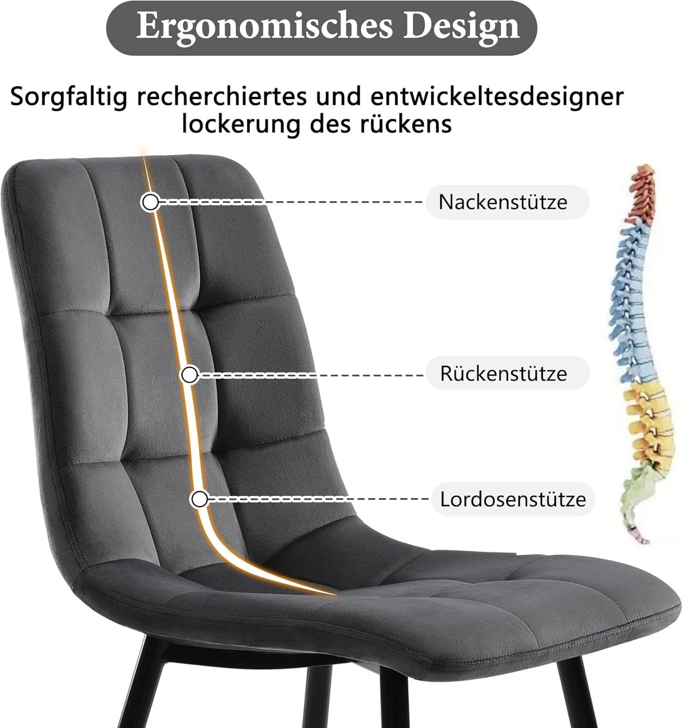 HAUSPROFI Esstisch Set mit 4 Stühlen, Rechteckig Küche Esstisch Sitzgruppe, Modern Design Holzmöbel Esszimmergruppe für Wohnzimmer Küche Büro (Grau + Schwarz, Samt, 140x80x74cm)