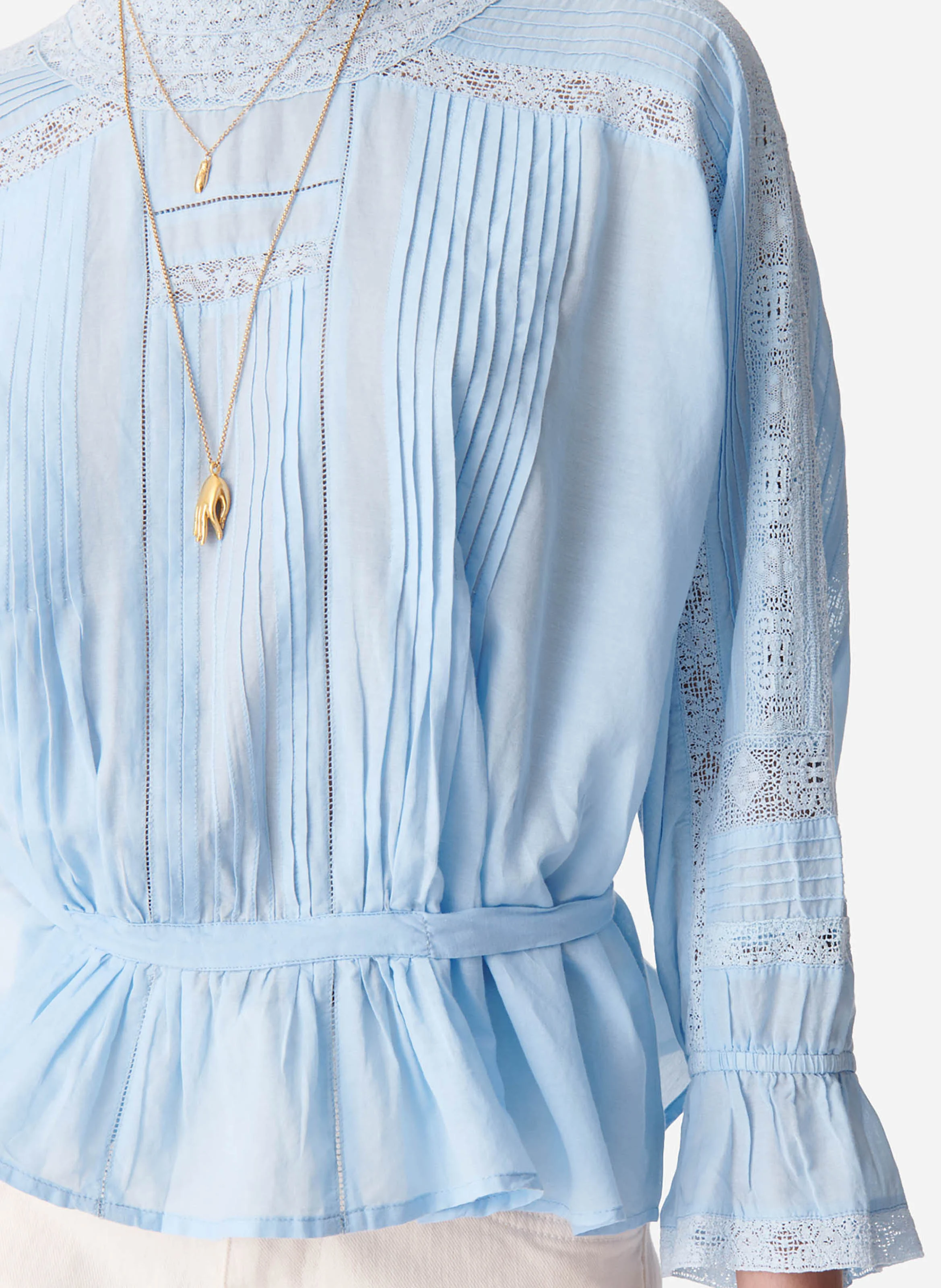 VIVA - Blouse col rond en dentelle et coton mélangé| Bleu