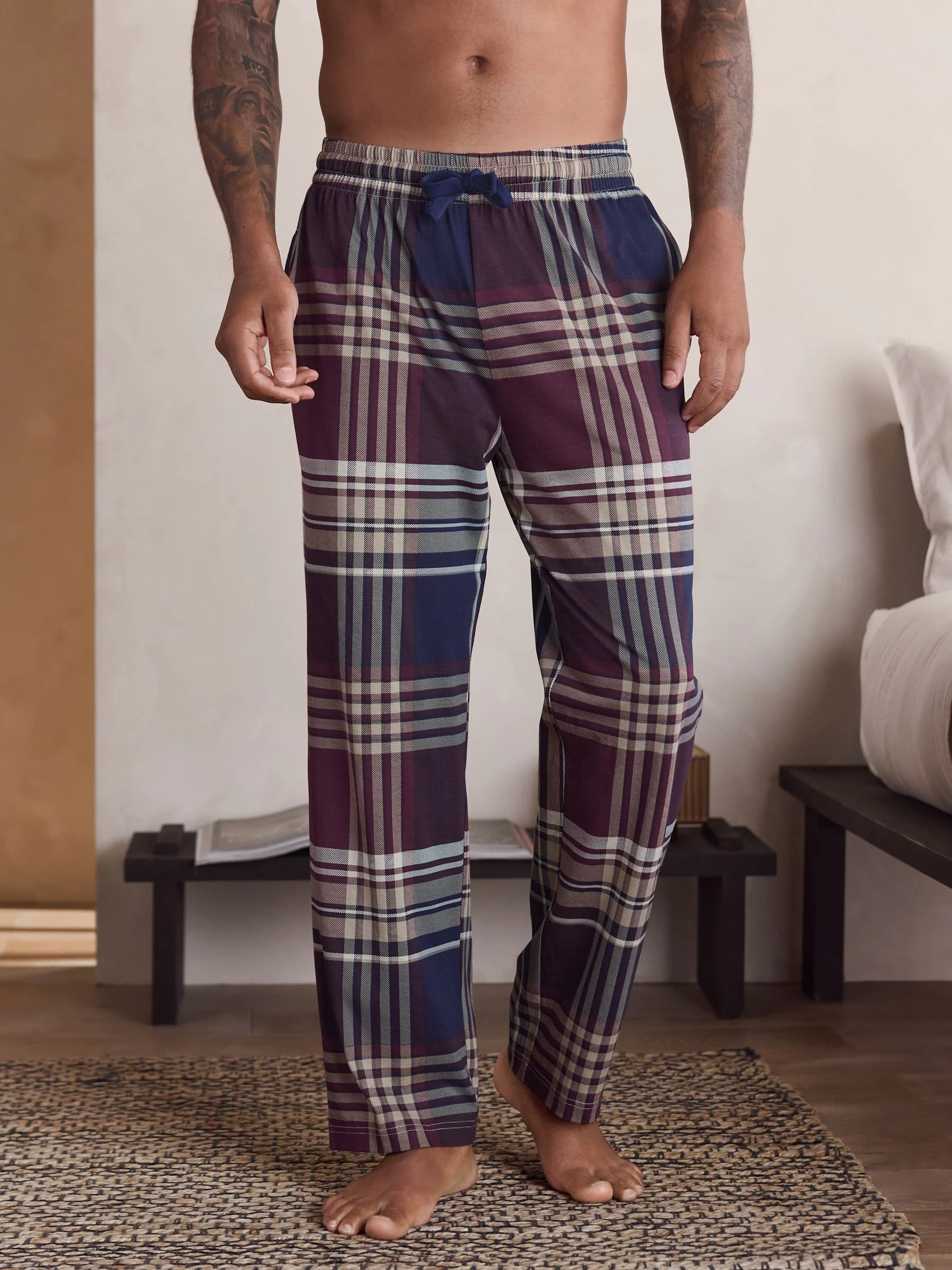 Plum Purple/ Neutral - Check Jersey Pyjama Bottoms 2 Pack