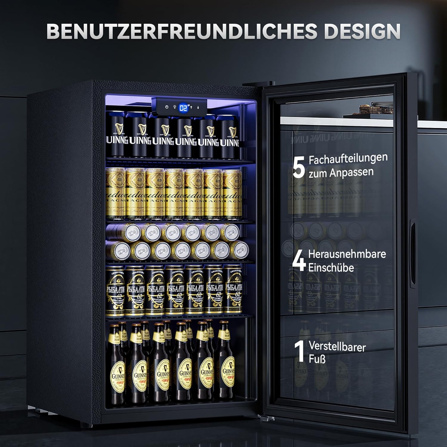 95L Getränkekühlschrank mit Klima KÜHLUNG | Neu: Gleichmäßige Kühlung & frostfrei | 4 verstellbare Ablagen für 130 Dosen | Für Bar, Büro & Haushalt