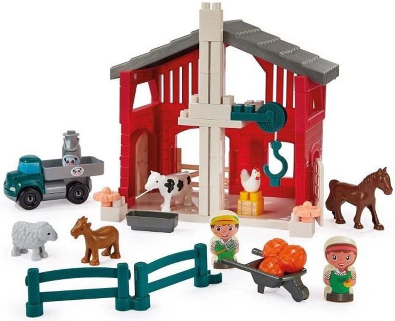 Abrick - Boerderij Speelset - Traditionele Boerderij - 2 Boeren - 5 Dieren - 1 Voertuig