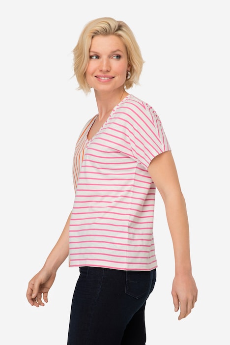 T-Shirt, Ringelmix, V-Ausschnitt, Halbarm, OEKO-TEX Made in Green