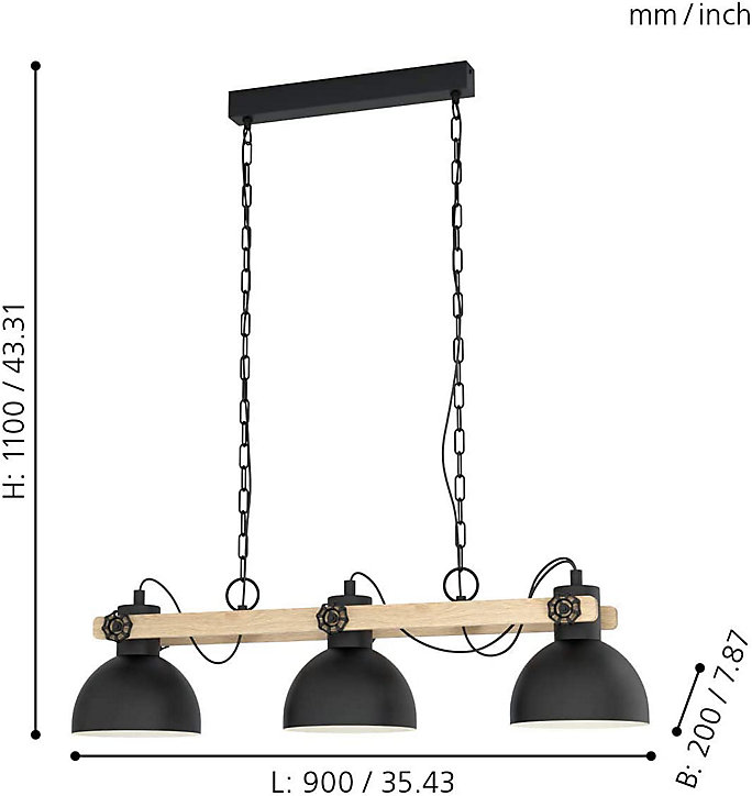 Suspension Lubenham 3 lumières E27 IP20 28W L.90xl.20xH.108,5cm noir Eglo