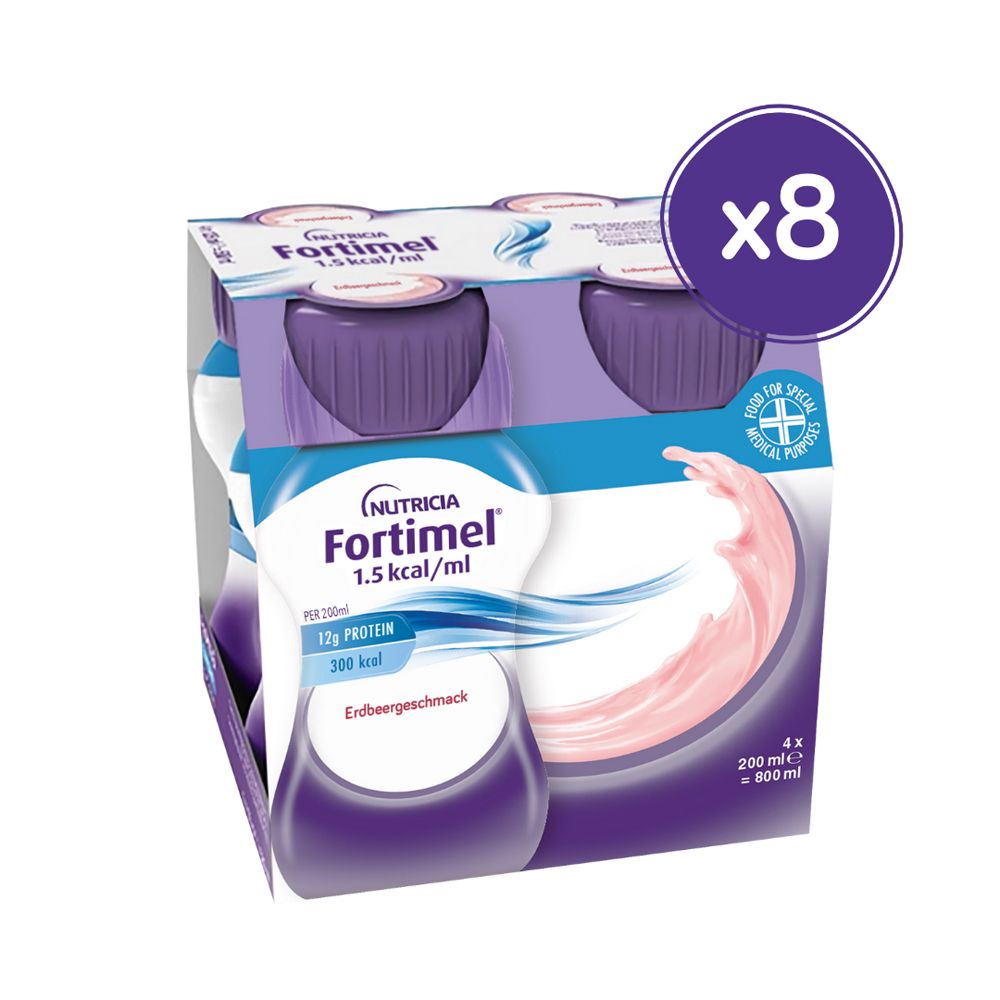 Fortimel® 1.5 kcal Erdbeere – Hochkalorische Trinknahrung mit allen wichtigen Nährstoffen, Vitaminen, Mineralien und Spurenelementen – 300 kcal und 12 g Eiweiß pro Flasche