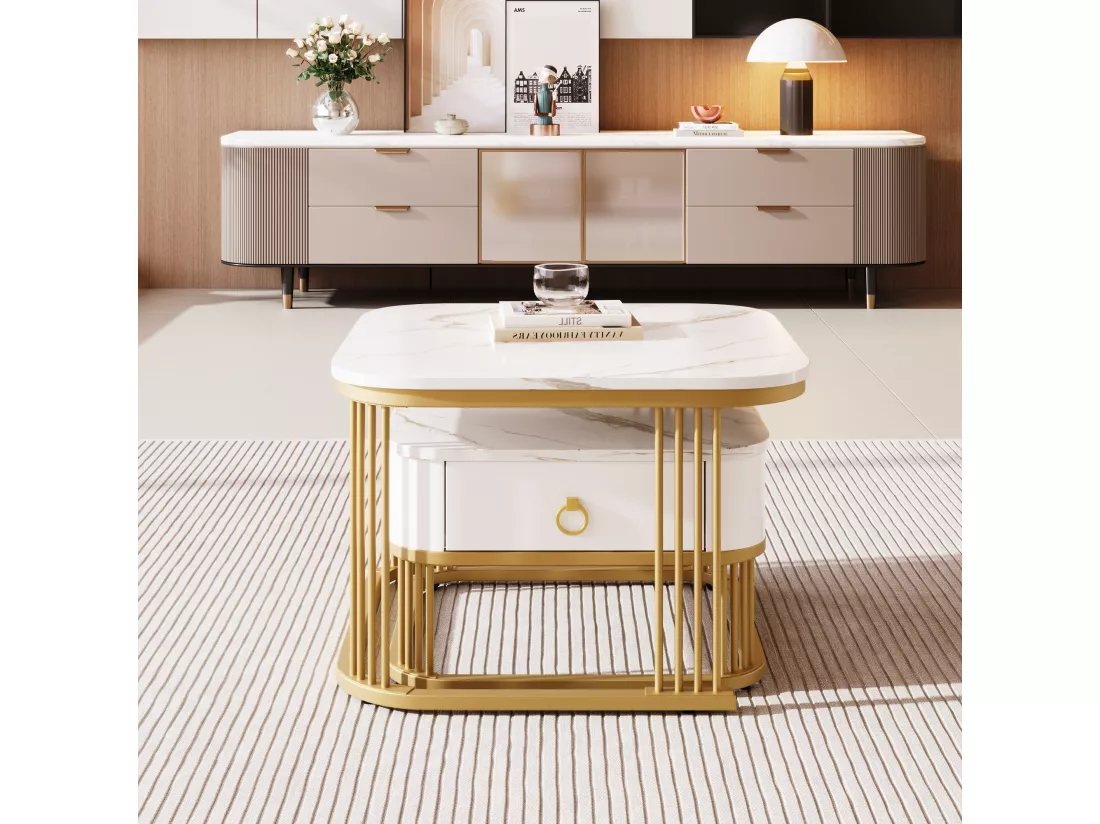 Lot de 2 tables basses gigognes avec 1 tiroirs, table basse carrée - plateaux en aspect marbre - bois et métal - Blanc brillant