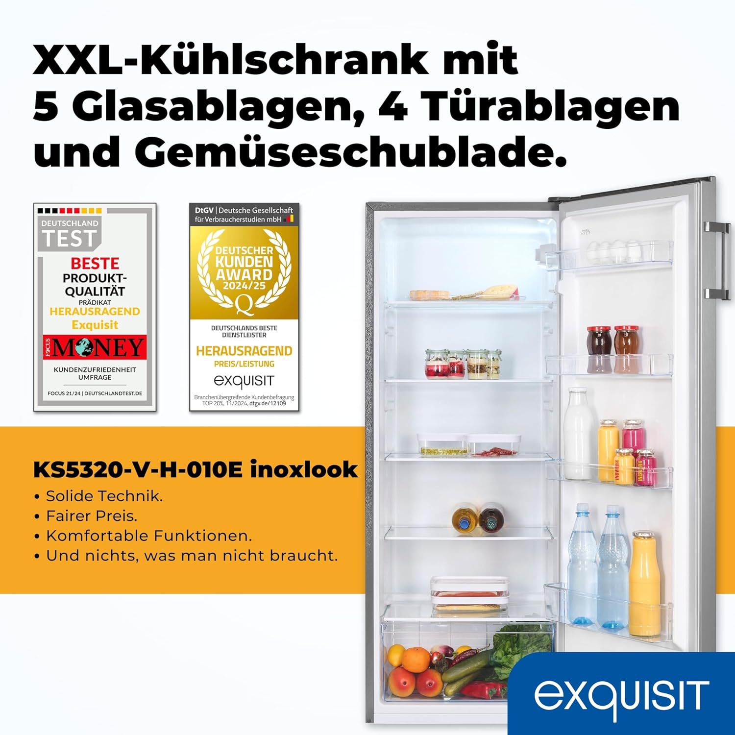 Exquisit Kühlschrank ohne Gefrierfach, Großer Kühlschrank silber, 5 Ablagen, 242 Liter, Vollraumkühlschrank 143 cm hoch, KS5320-V-H-010E inoxlook