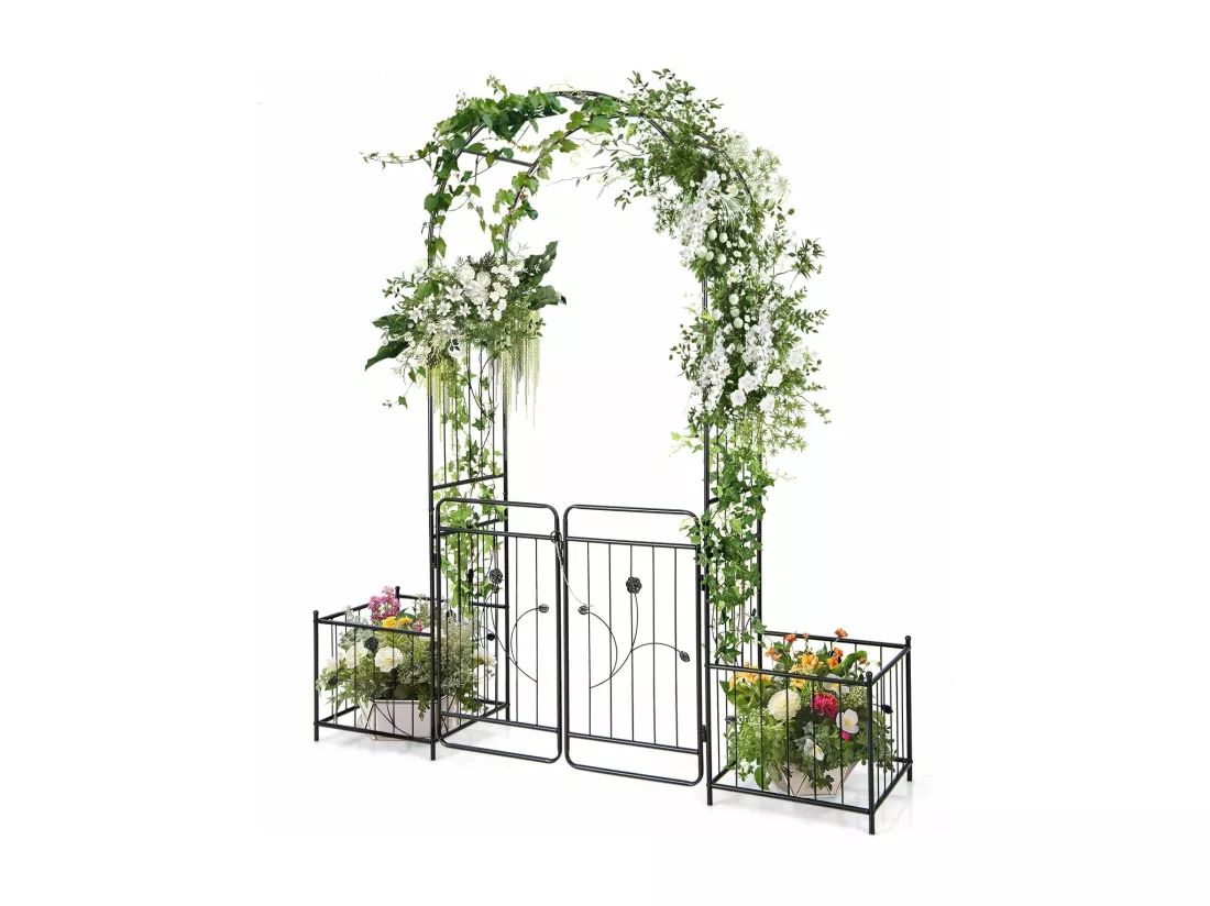Arche de Jardin de 220 cm avec 2 Bacs Jardinière et Treillis, Pergola avec Tubes Métalliques Portail Verrouillable, Décoration pour Mariage Fête