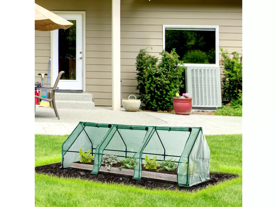 Mini serre de jardin 270L x 90l x 90H cm acier PE haute densité 140 g/m² anti-UV 3 fenêtres avec zip enroulables vert