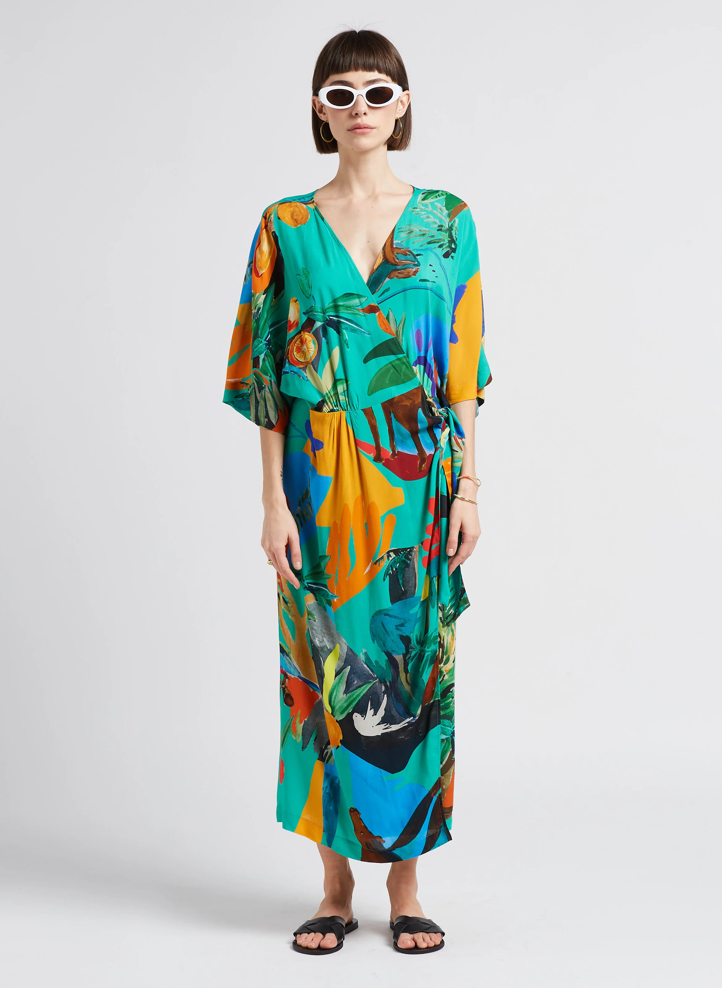 PARAISO - Robe longue col V imprimé tropical | Vert