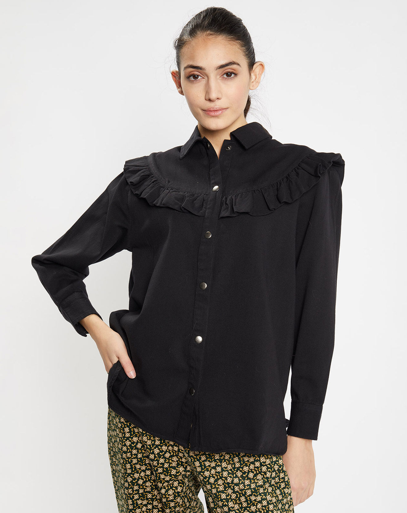 Galeries Lafayette Chemise en Coton bio Candy volant en plastron noire