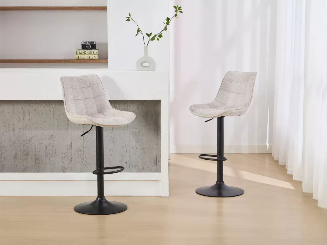 Lot de 2 tabourets de bar en tissu bouclette et métal noir - Hauteur réglable - Blanc - LIMA II