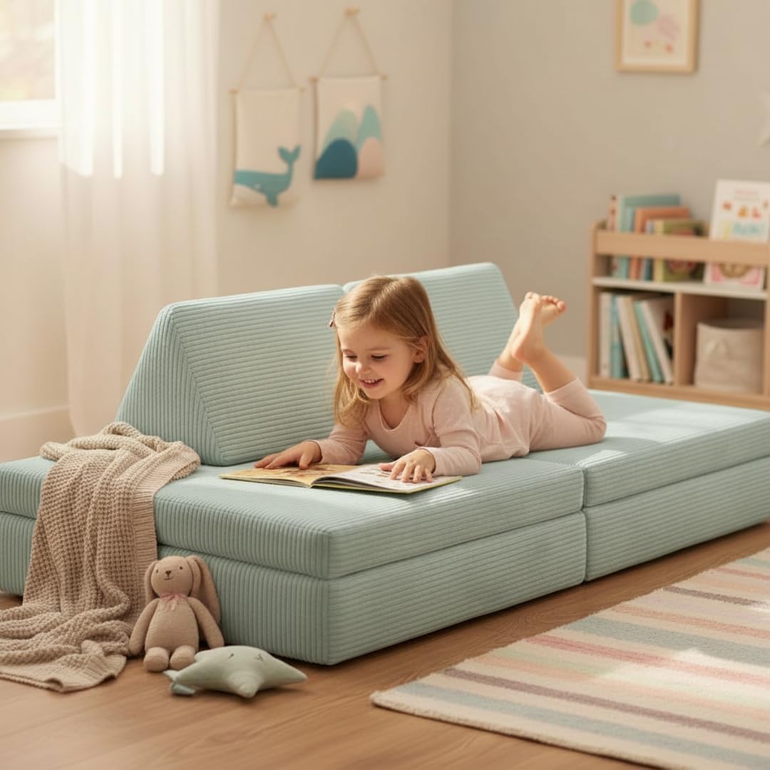 Bellabino Nile Spielsofa für Kinder – Kindersofa Cord in Türkis – Spielesofa aus Schaumstoff Bausteine – modulare Kindercouch ausklappbar – Spielcouch waschbarer Bezug – Sofa Kinderzimmer Kuschelecke