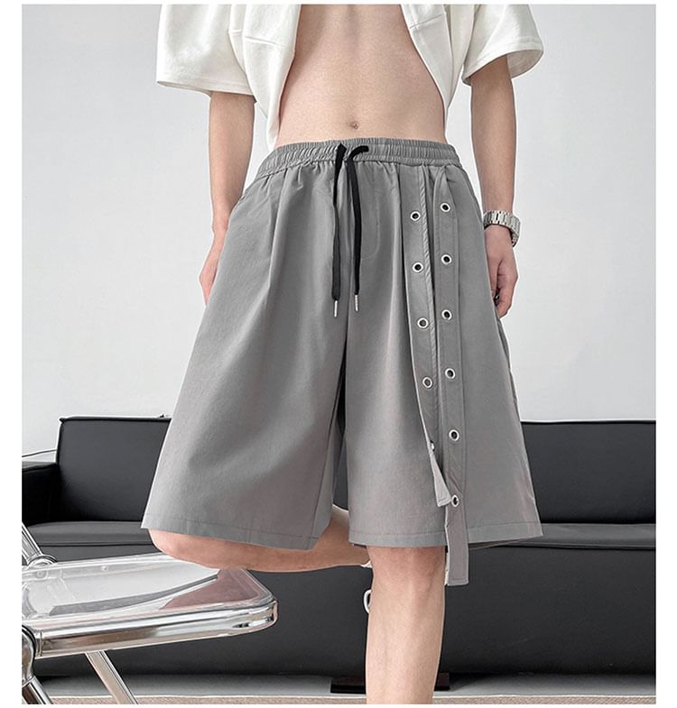 Whyessa - Mid Rise Plain Grommet Shorts