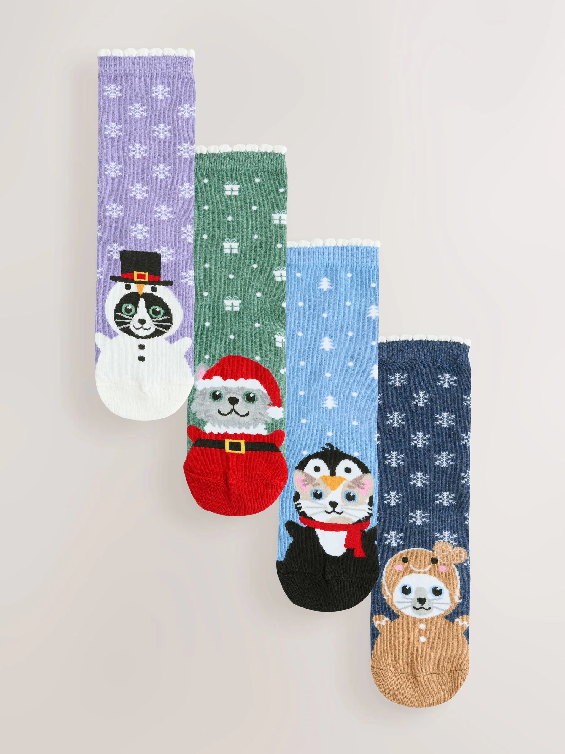 Kerstmis Print met katten - Set van 4 paar enkelsokken